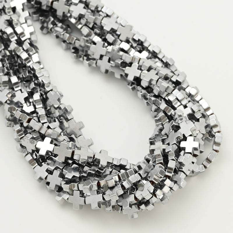 Silver Plated Hematite Cross Beads Size 8mm 10mm 15.5" Strand