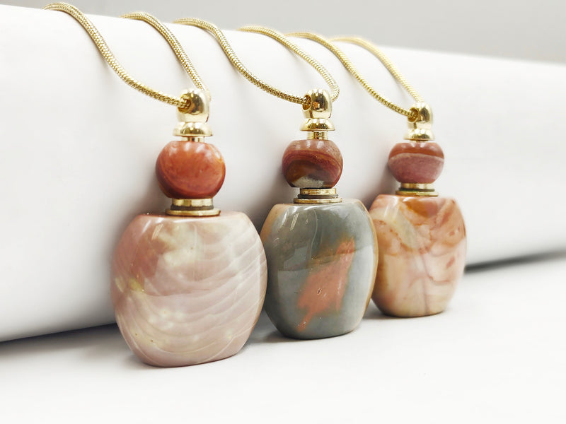 Natural Stone Essential Oil Necklace Flat Bottom Perfume Bottle & Golden Chain