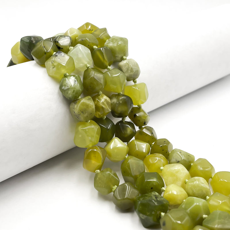 Natural Chinese Green Jade Faceted Nugget Chunks Approx. 10-15mm 64" Strand