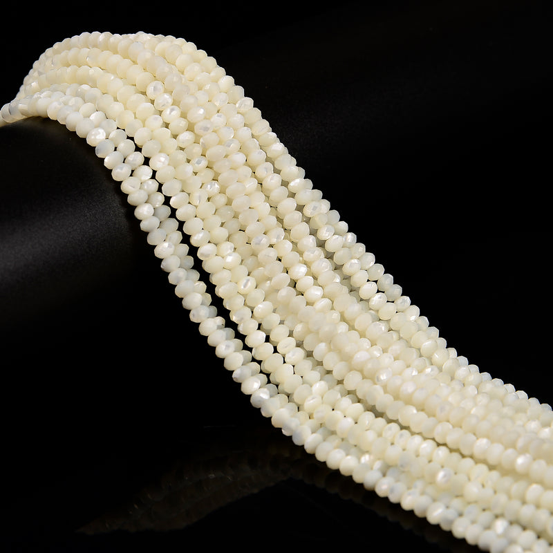 Iridescent White MOP Shell Faceted Rondelle Beads Size 3x4mm 15.5'' Strand