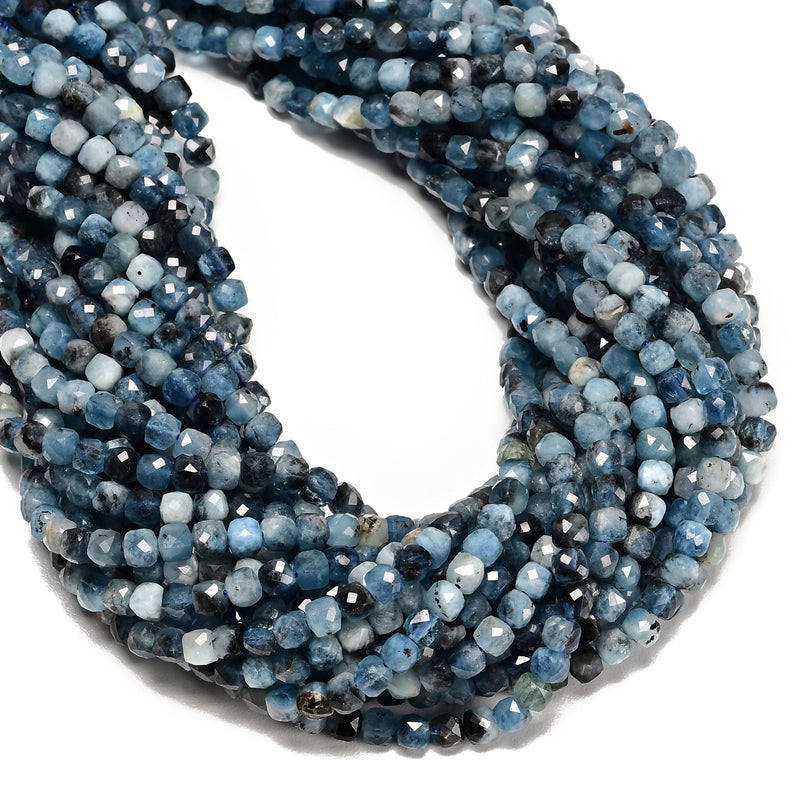 Natural Dark Blue Aquamarine Faceted Cube Beads Size 4-5mm 15.5" Strand