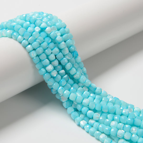 Aqua Blue Mother of Pearl MOP Shell Faceted Cube Beads Size 4.5mm 15.5'' Strand