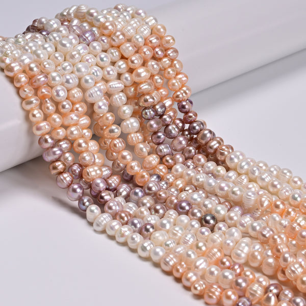 Gradient Natural Fresh Water Pearl Ringed Potato Shape Beads 5-6mm 13.5" Strand