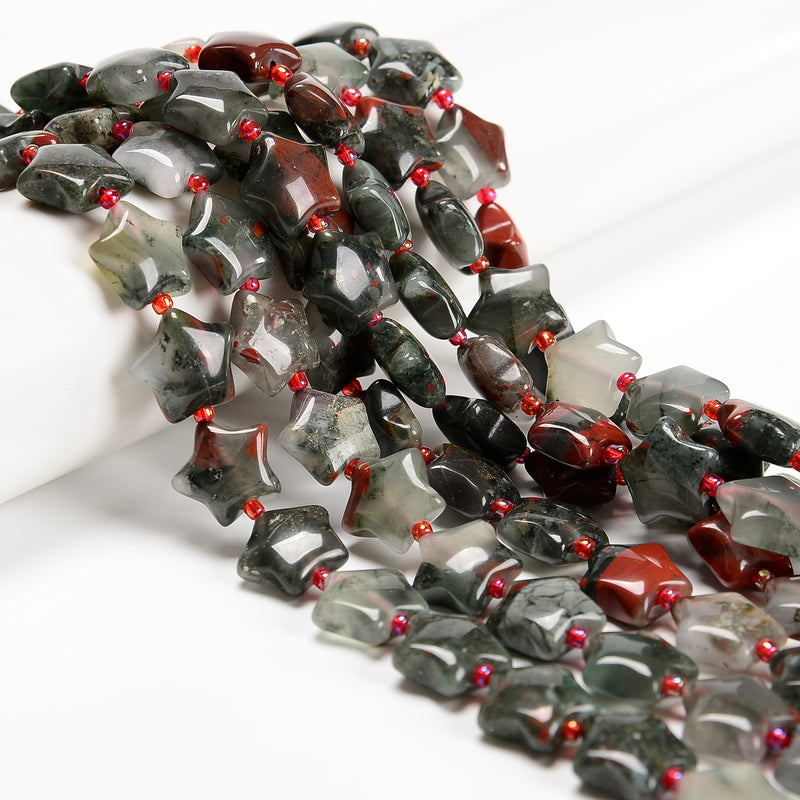 Natural African Bloodstone Five-Pointed Star Beads Size 15mm 15.5'' Strand