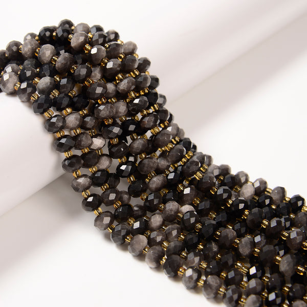 Natural Silver Obsidian Faceted Rondelle Beads Size 5x8mm 15.5" Strand