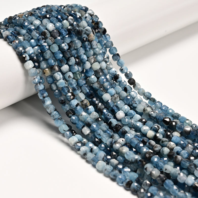 Natural Dark Blue Aquamarine Faceted Cube Beads Size 4-5mm 15.5" Strand