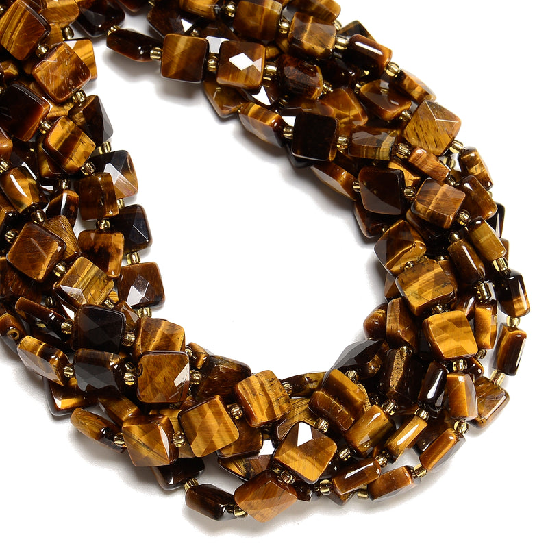 Natural Yellow Tiger Eye Faceted Flat Square Shape Beads Size 10mm 15.5 Strand