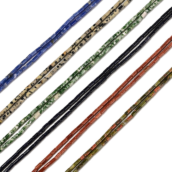 02 Mixed Gemstone Cylinder Tube Shape Beads Size 2x4mm 15'' Strand