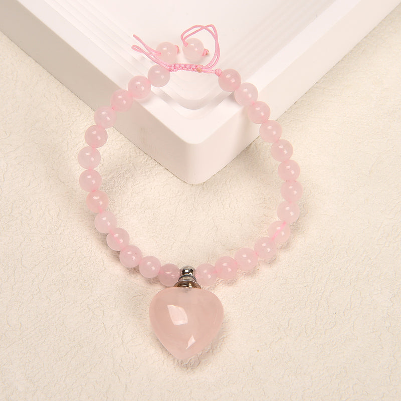 Rose Quartz Round Heart Perfume Bottle Adjustable Bracelet Size 6mm 7.5'' Length