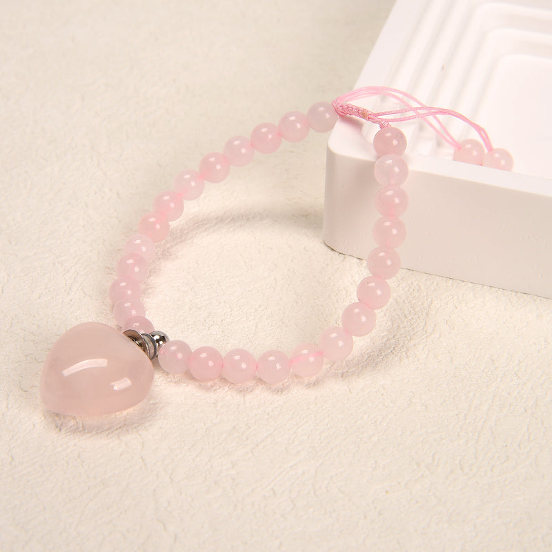 Rose Quartz Round Heart Perfume Bottle Adjustable Bracelet Size 6mm 7.5'' Length