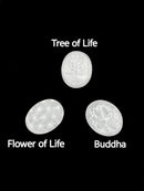 Selenite Oval Palm Stone Tree of Life/Flower of Life/Buddha Size 2x2.5" Inches