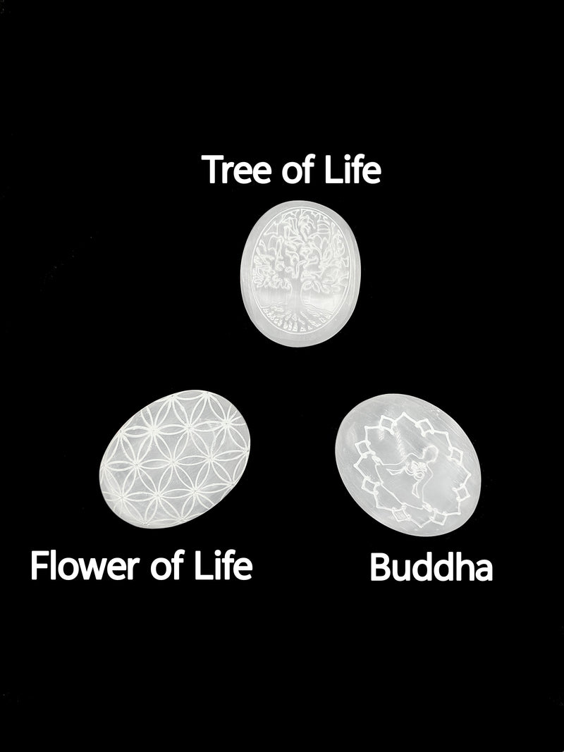 Selenite Oval Palm Stone Tree of Life/Flower of Life/Buddha Size 2x2.5" Inches