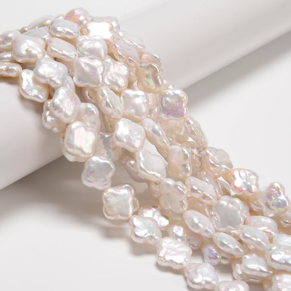 White Fresh Water Pearl Four Leaf Clover Shape Beads Size 13-14mm 15'' Strand