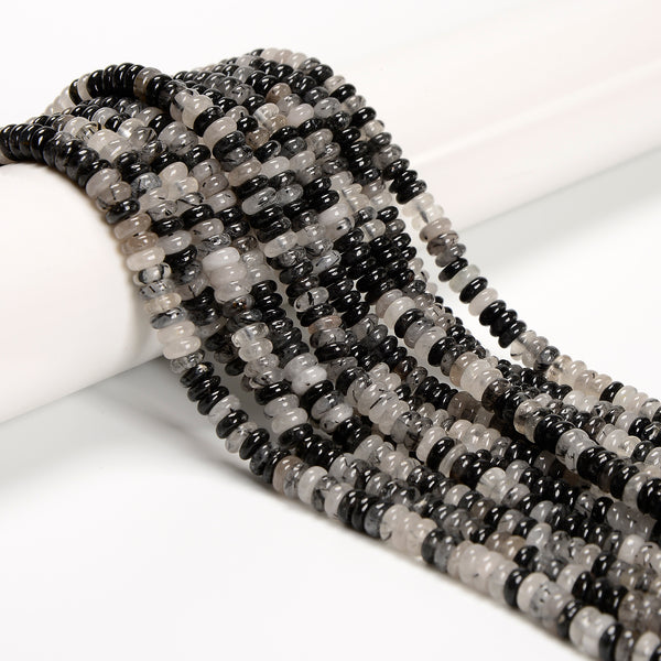 Natural Black Tourmalinated Quartz Smooth Rondelle Beads Size 2x6mm 15.5" Strand