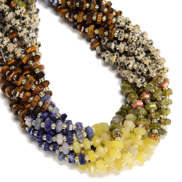 07 Gradient Multi-color Gemstone Hexagonal Rondelle Wheel Beads 3x6mm 15" Strand