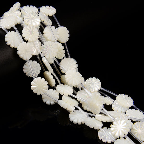 Iridescent White Mother of Pearl Shell Carved Daisy Flower Beads 15mm 15.5" Strd