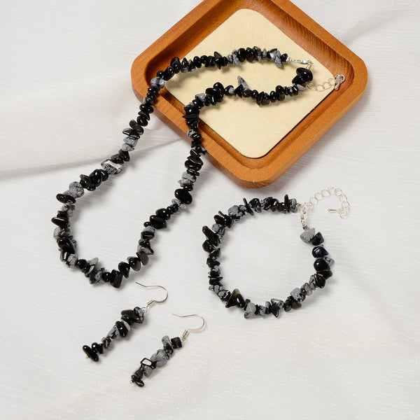 Snowflake Obsidian Chips Beads Size 5-8mm Jewelry Set Bracelet Earrings Necklace