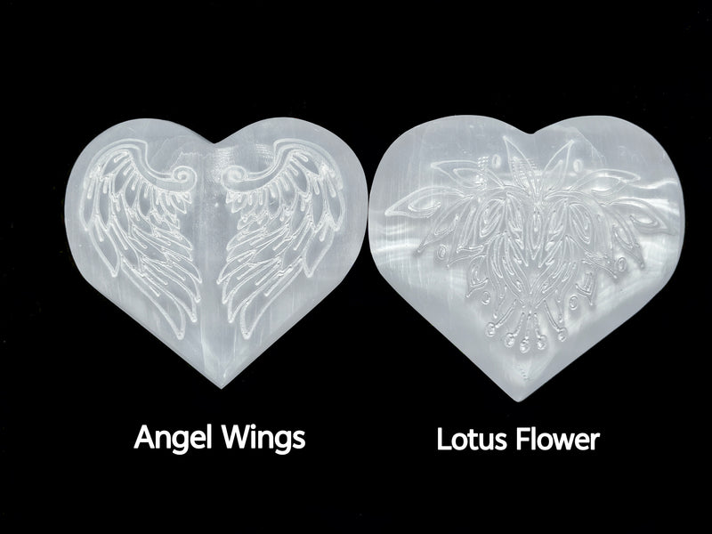 Selenite Palm Stone Heart Shape Angel Wings & Lotus Flower Size 3" Inches