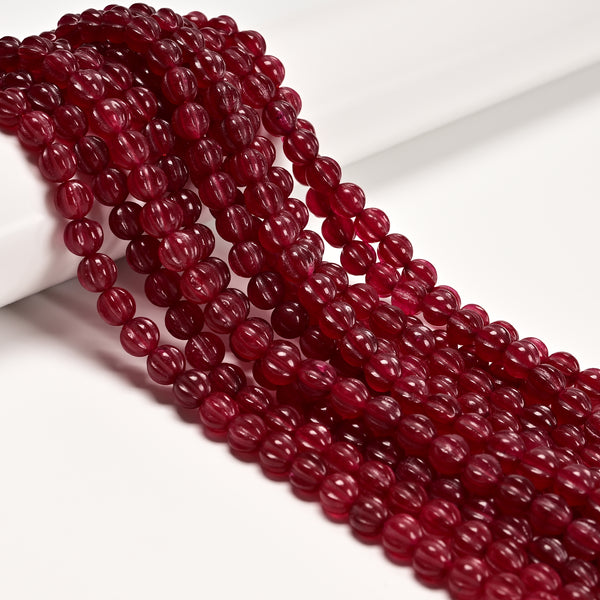 Dark Red Color Dyed Jade Carved Pumpkin Shape Beads Size 8mm 10mm 15.5" Strand