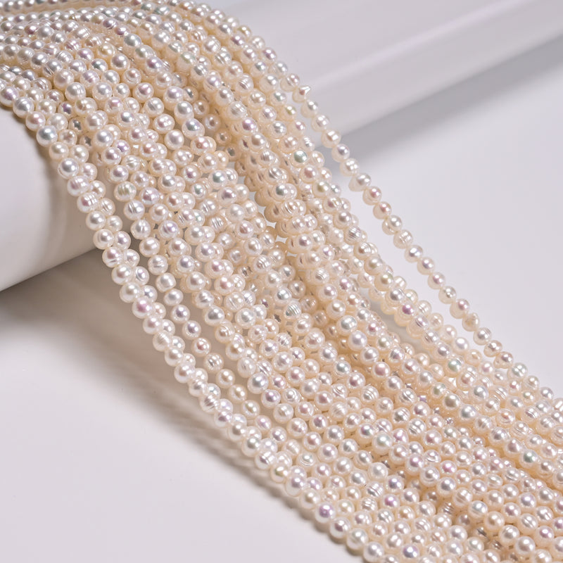 Natural White Fresh Water Pearl Ringed Potato Shape Beads Size 4-5mm 15" Strand