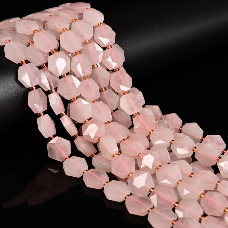 Natural Rose Quartz Faceted Hexagon Shape Beads Size 12mm 15.5'' Strand