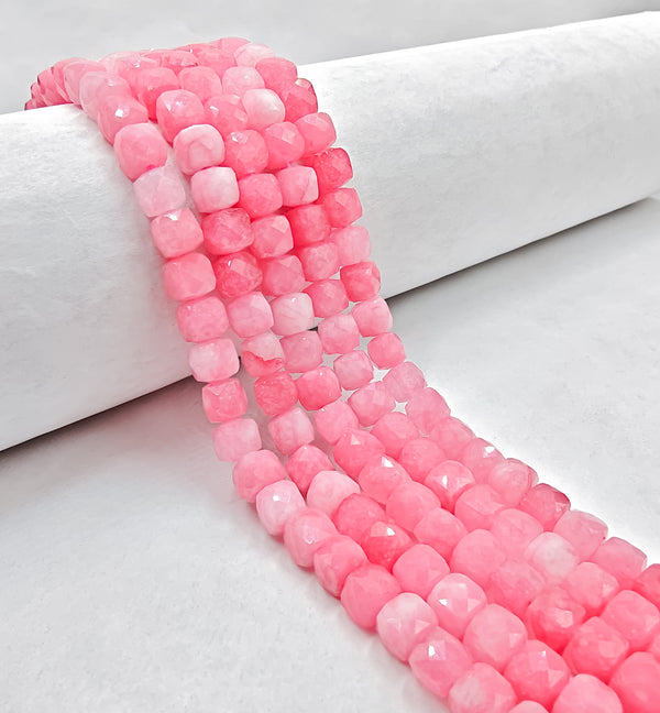 Rhodochrosite Color Dyed Jade Faceted Cube Beads Size 7mm 15.5'' Strand