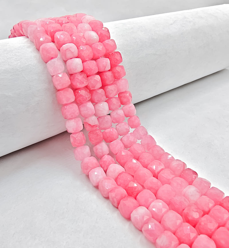 Rhodochrosite Color Dyed Jade Faceted Cube Beads Size 7mm 15.5'' Strand