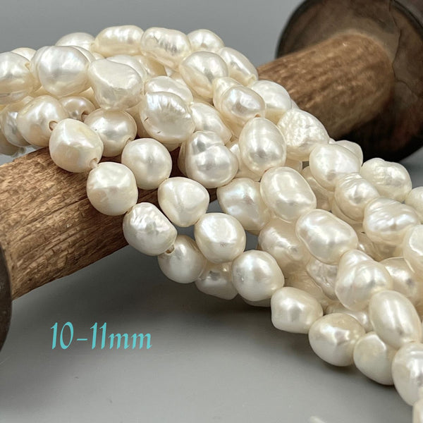 2.0mm Hole White Fresh Water Pearl Side Drill Nugget Beads Size 10-11mm 8'' Strd