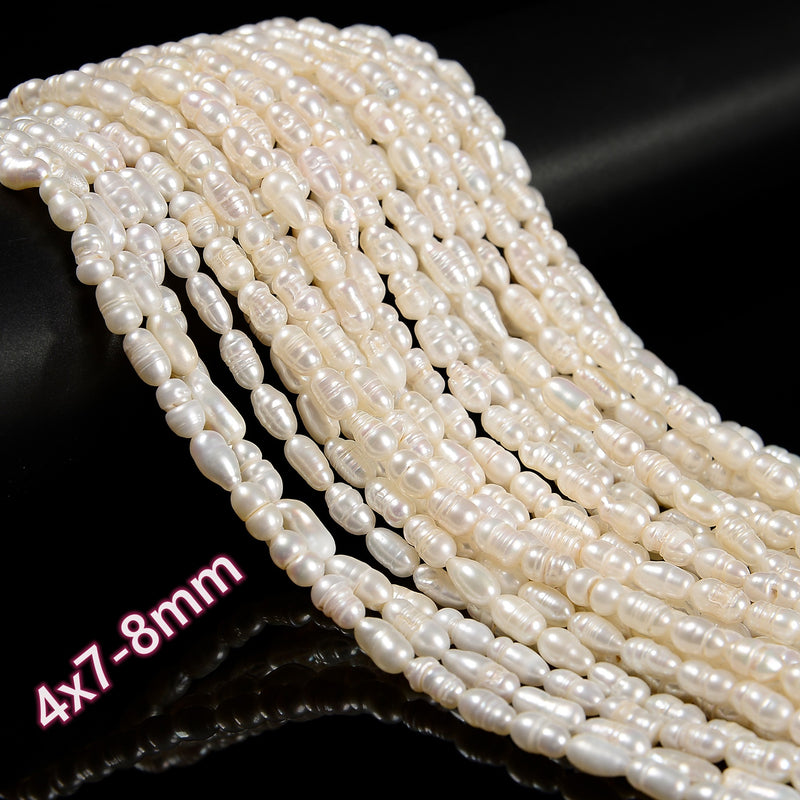 White Fresh Water Pearl Rice Shape Beads Size 4x7-8mm 5x7-8mm 14'' Strand