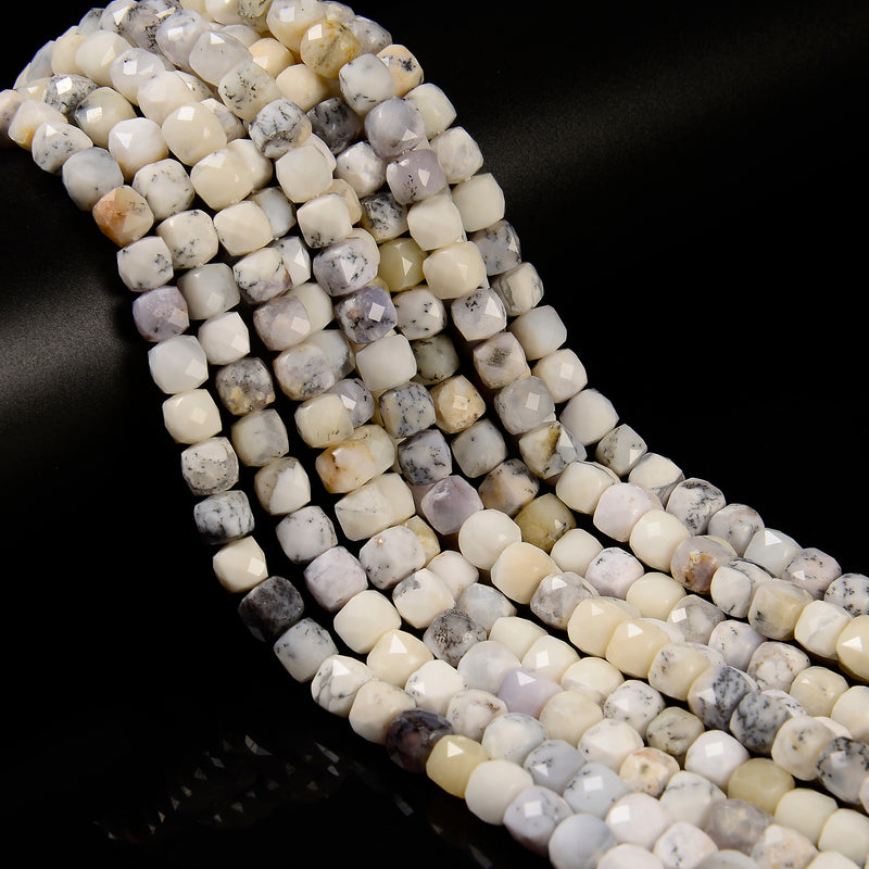 Natural Dendritic White Opal Faceted Cube Beads Size 6-7mm 15.5'' Strand