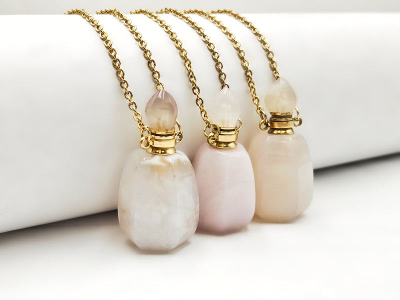 Natural Opal Essential Oil Necklace Flat Bottom Perfume Bottle & Golden Chain