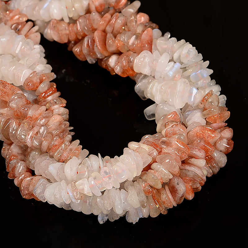 Sunstone & White Rainbow Moonstone Pebble Nugget Chips Beads 10-12mm 15.5'' Strd