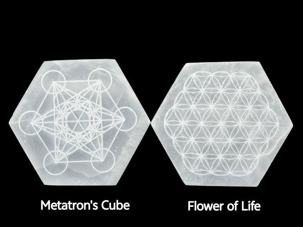 Selenite Hexagon Charging Plate Metatron's Cube & Flower of Life Size 3.5-4"