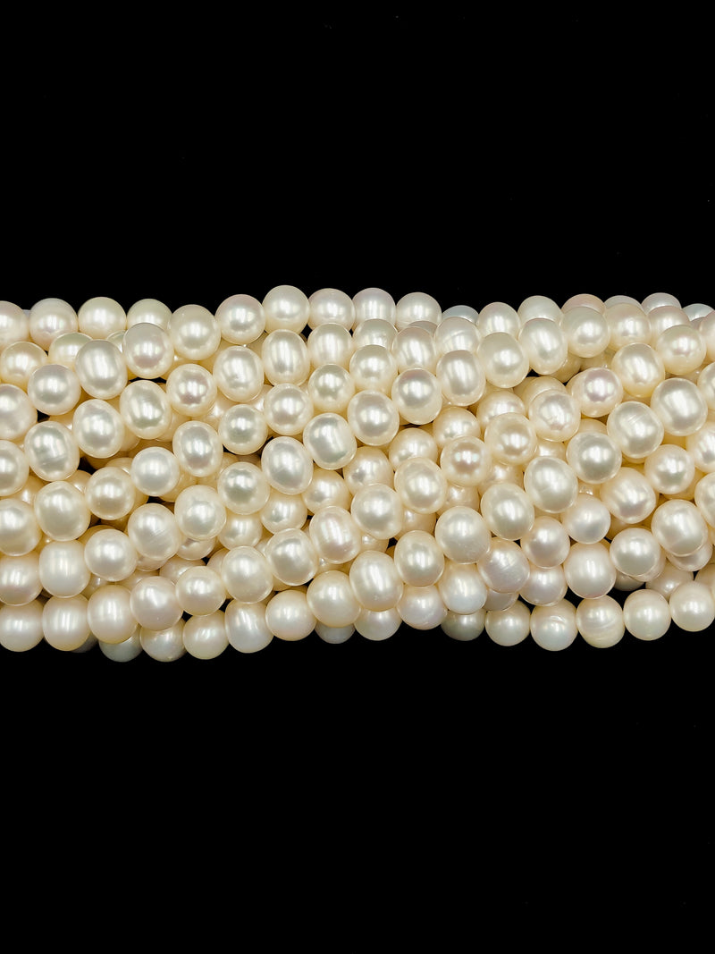 White Fresh Water Pearl Off Round Potato Shape Size 7-8mm 14" Strand