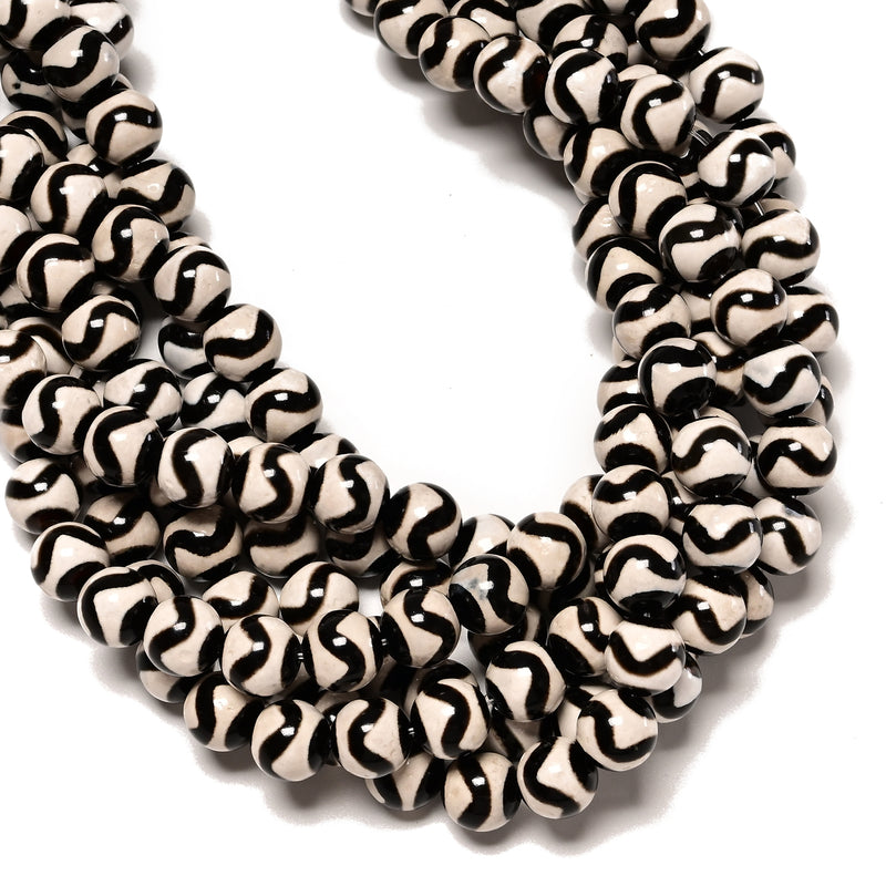 Black & White Wavy Tibetan Agate Smooth Round Beads Size 10mm 15.5" Strand