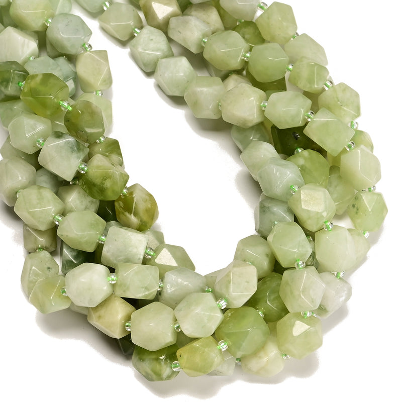 Natural Green Jade Faceted Nugget Chunk Beads Size 10x12mm 15.5'' Strand