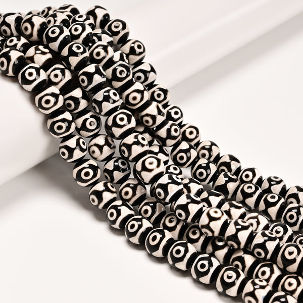 Black & White Evil Eye Tibetan Agate Smooth Round Beads Size 10mm 15.5" Strand