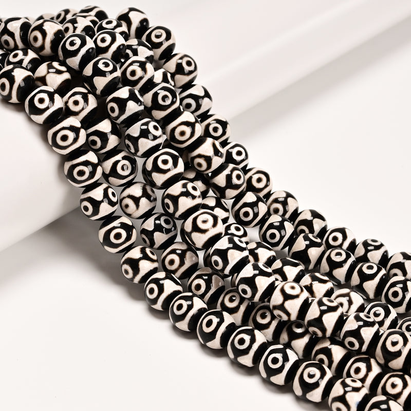 Black & White Evil Eye Tibetan Agate Smooth Round Beads Size 10mm 15.5" Strand