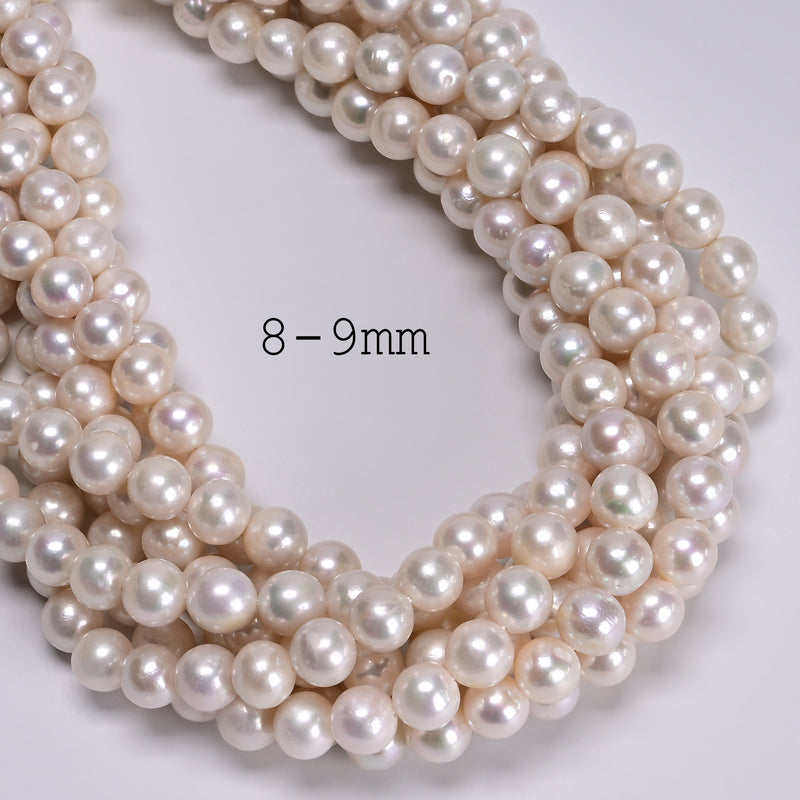 High Quality AAA White Fresh Water Pearl Off Round Beads 8-9mm 9-10mm 15.5'' Strand