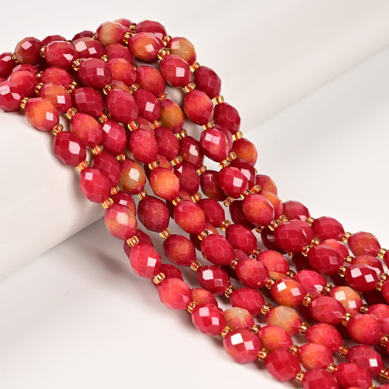 Apple Coral Color Dyed Jade Faceted Rice Beads Size 8x10mm 15.5'' Strand