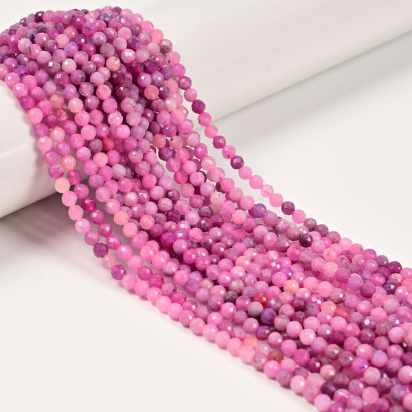 Natural Pink Color Ruby Faceted Round Beads Size 4mm 15.5'' Strand