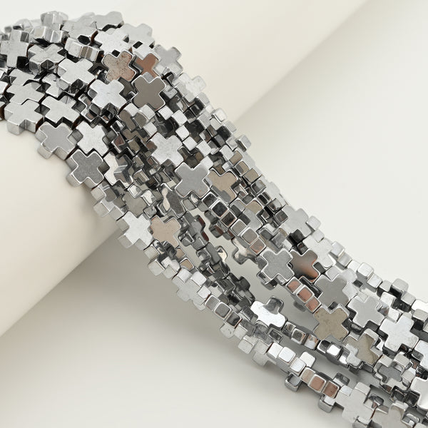 Silver Plated Hematite Cross Beads Size 8mm 10mm 15.5" Strand
