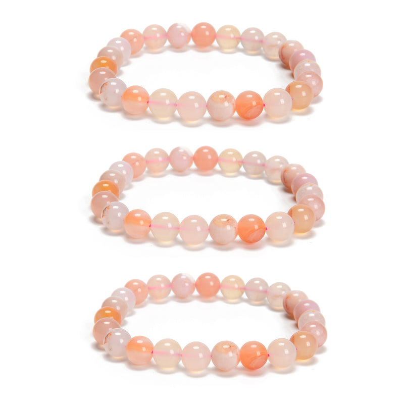 Cherry Flower Sakura Agate Smooth Round Beaded Bracelet 8mm 7.5''Length 3PCS/Set