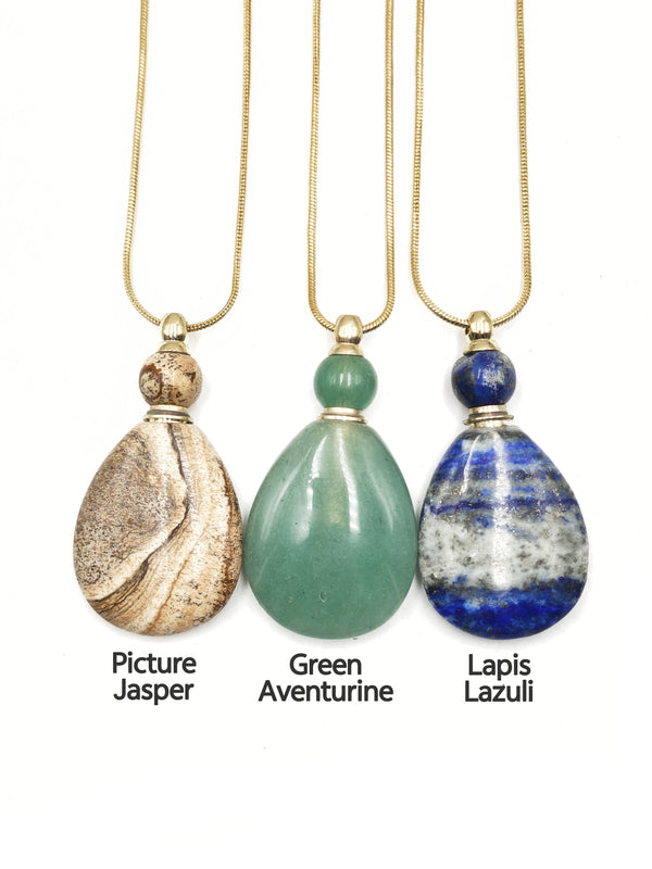 Natural Stone Essential Oil Necklace Flat Round Perfume Bottle & Golden Chain