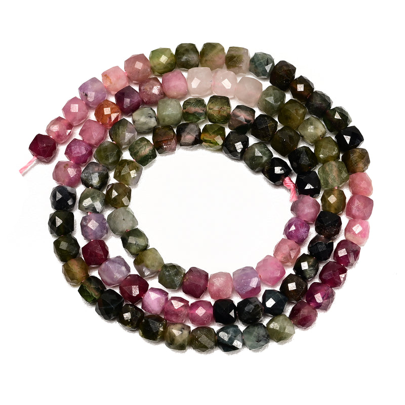Gradient Natural Multi-color Tourmaline Faceted Cube Beads Size 4mm 15.5" Strand