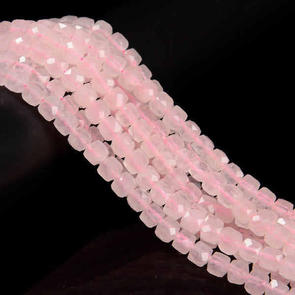 Natural Rose Quartz Faceted Square Dice Cube Beads Size 7mm 15.5" Strand