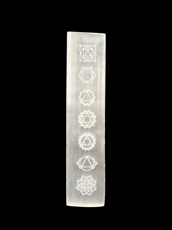 Natural Selenite Crystal 7 Chakra Symbols Charging Slab Size 1.5x8" Inches