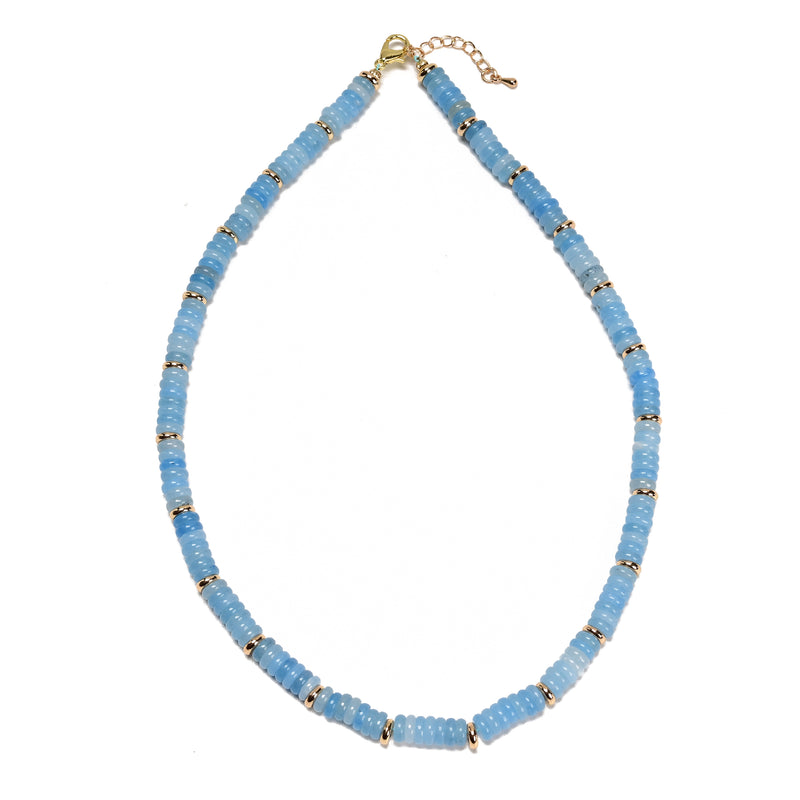 Aquamarine Color Dyed Jade Rondelle Beaded Necklace 17''-18.5" Length Adjustable