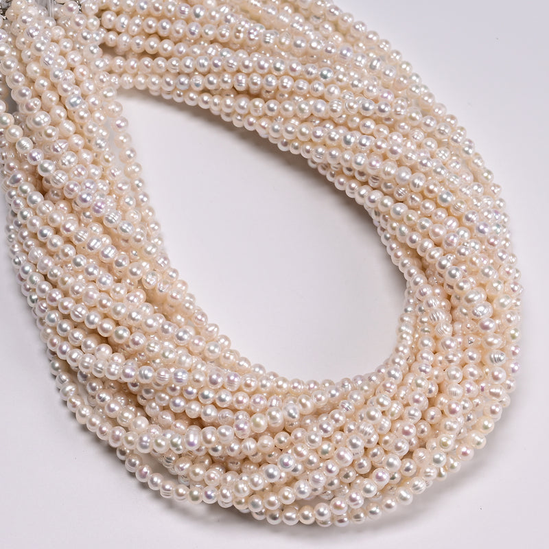 Natural White Fresh Water Pearl Ringed Potato Shape Beads Size 4-5mm 15" Strand