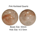 Natural Pink Rutilated Quartz Smooth Round Beads Size 30mm 7.5" Strand